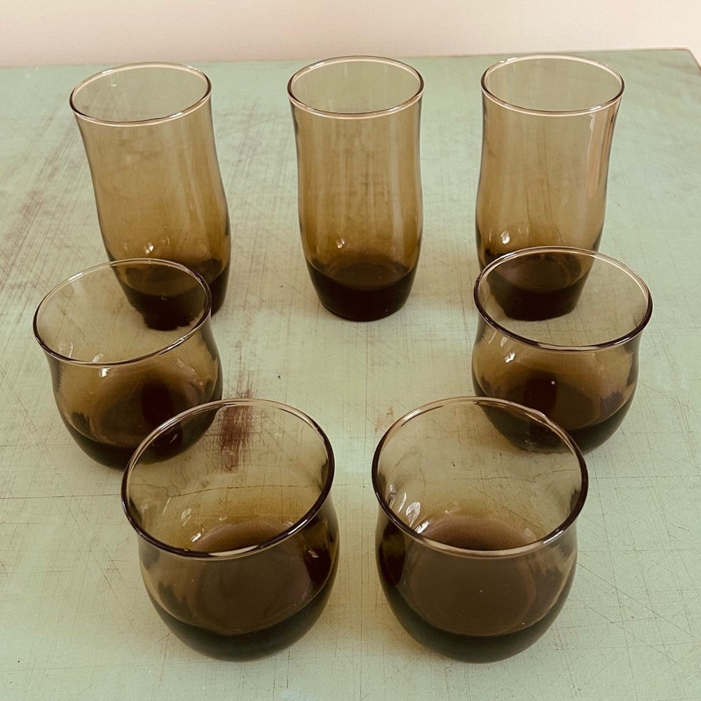 Set Of 7 Vtg Libbey Amber Glasses Flare Weighted Bottom Tv Movie Prop